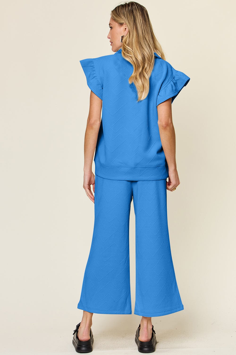 Double Take Texture Ruffle Short Sleeve Top and Drawstring Wide Leg Pants Set