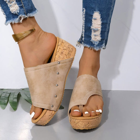 toe ring mules Vegan leather, vegan glue Cork Platforms, 5 studs line the leather flap, Flap is suede