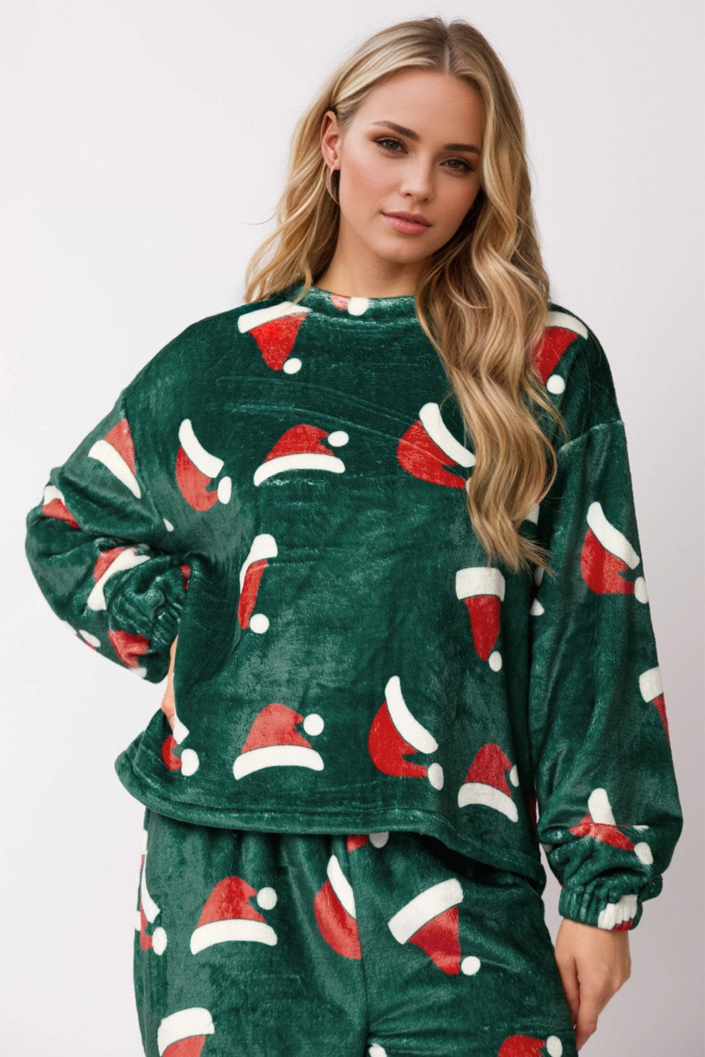 Christmas Hat Pattern Round Neck Long Sleeve Top and Pants Set